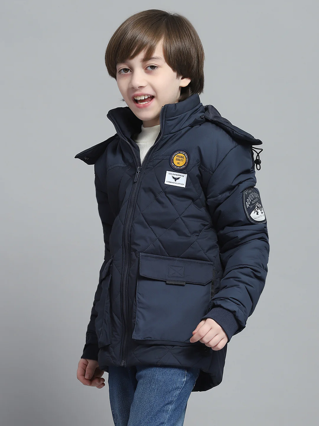 Boys Navy Blue Solid Hooded Full Sleeve Jacket - Image 3