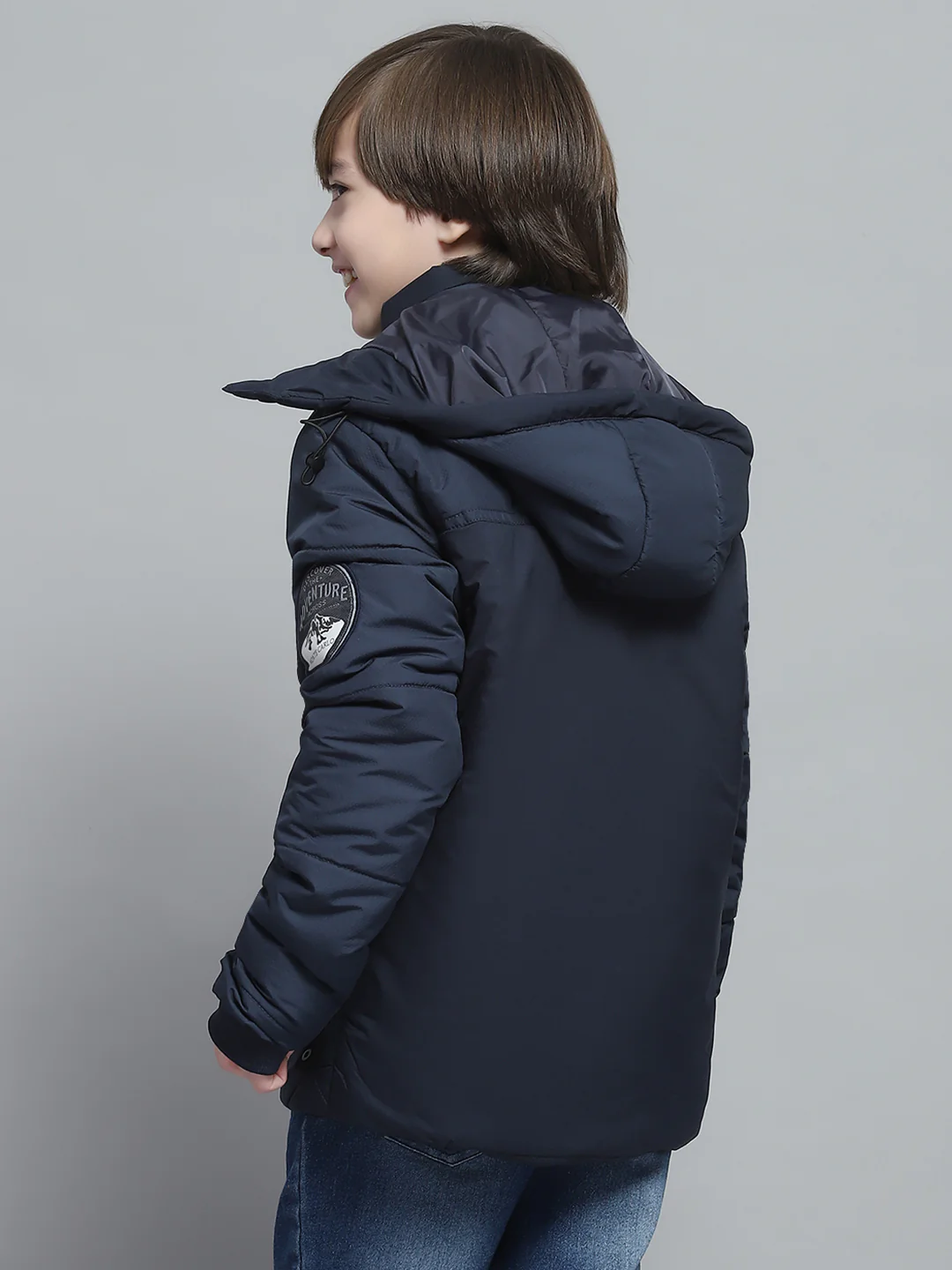Boys Navy Blue Solid Hooded Full Sleeve Jacket - Image 5