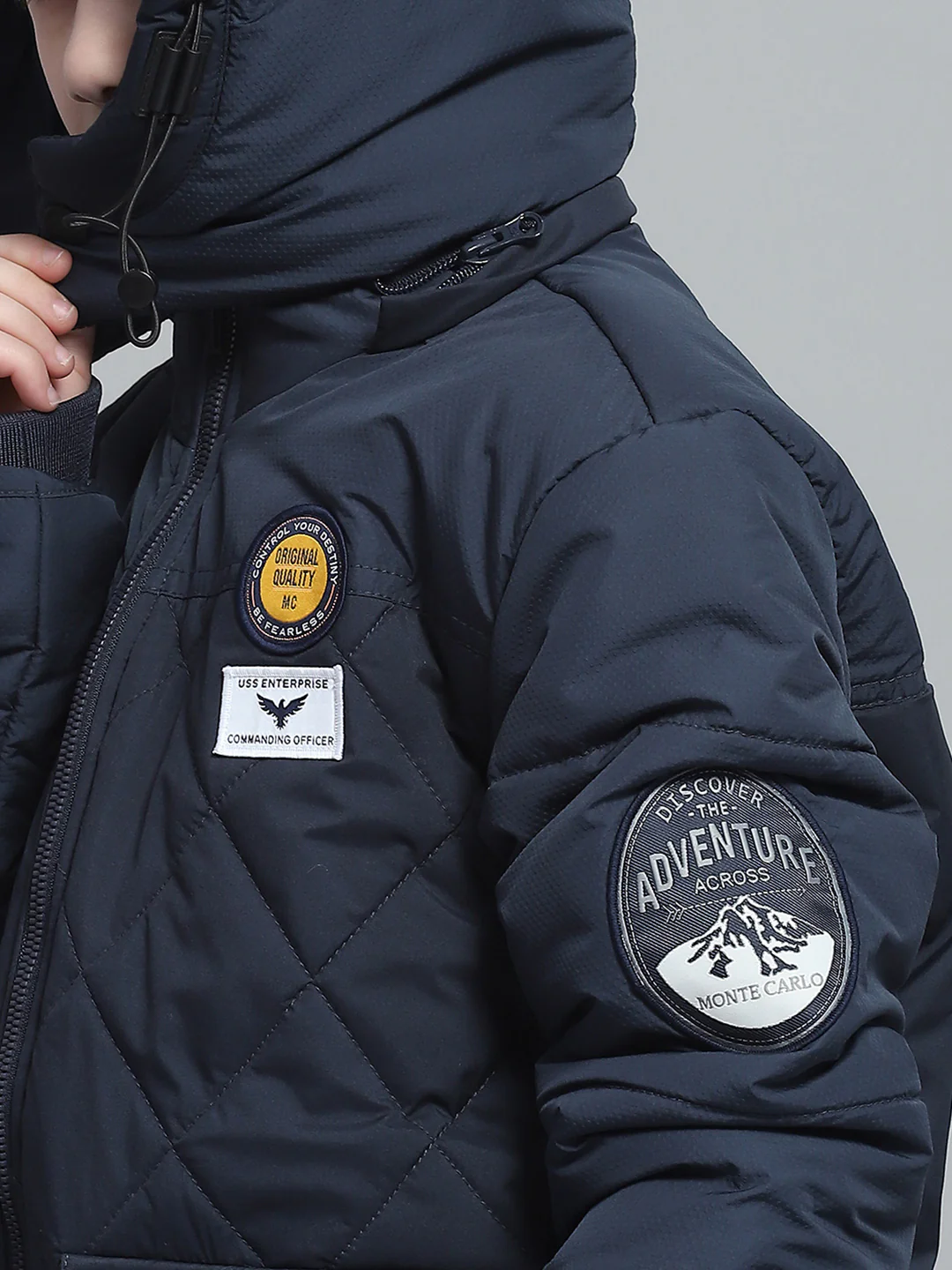 Boys Navy Blue Solid Hooded Full Sleeve Jacket - Image 6