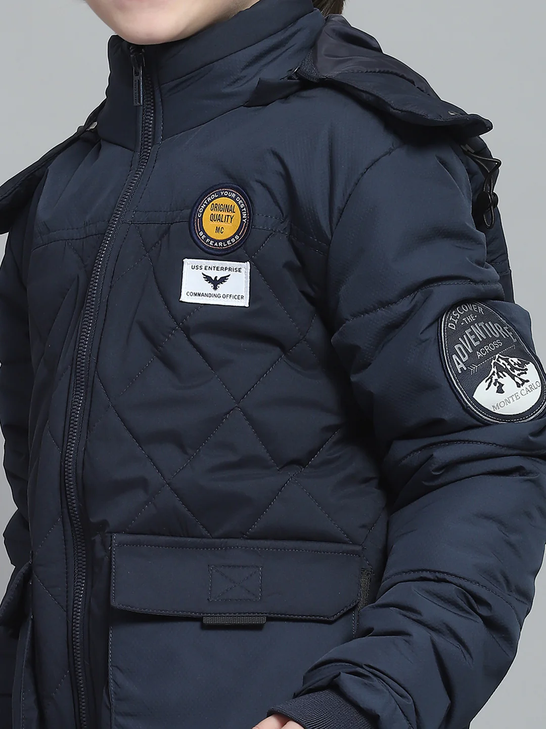 Boys Navy Blue Solid Hooded Full Sleeve Jacket - Image 7