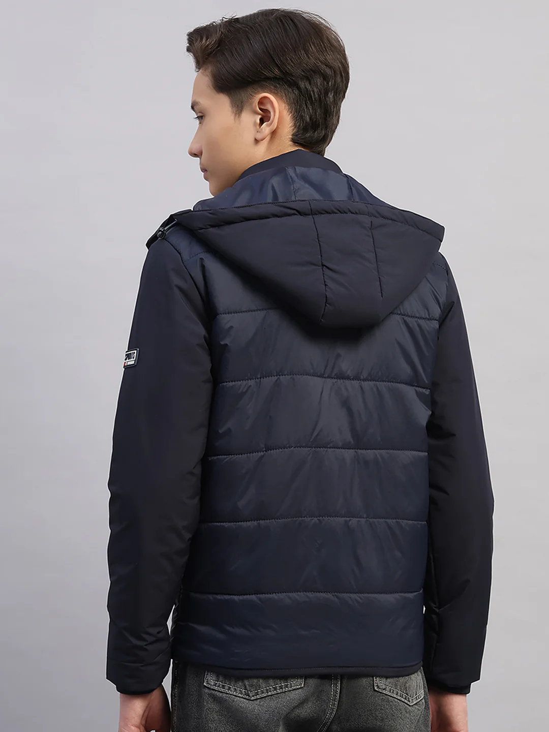 Boys Navy Blue Solid Hooded Full Sleeve Jacket - Image 5