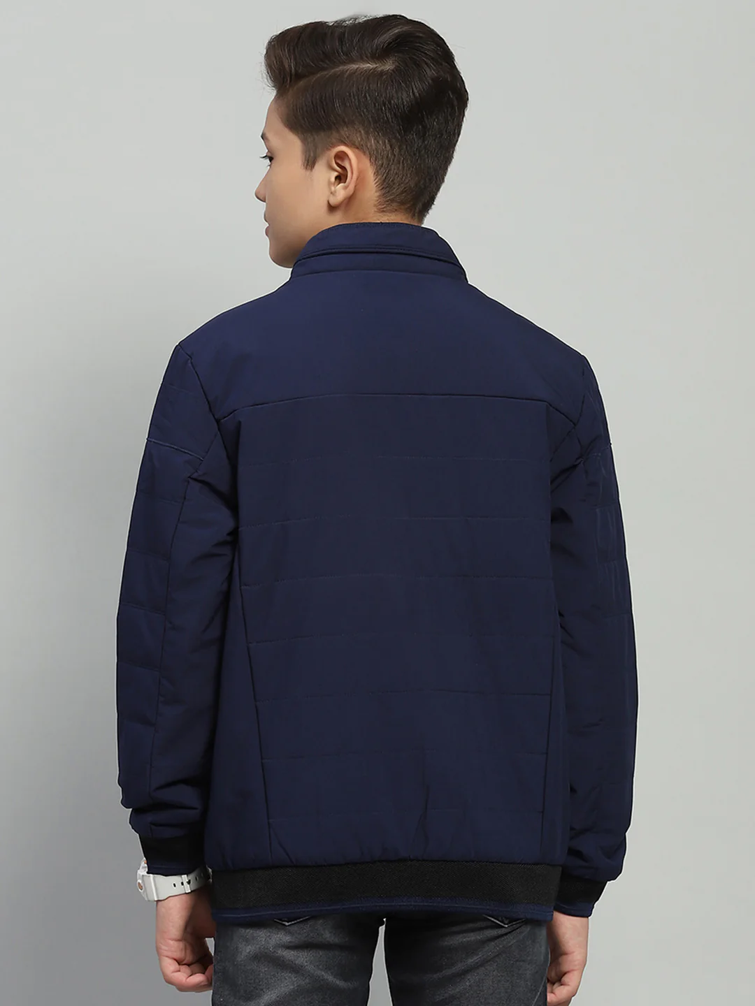 Boys Navy Blue Solid Mock Neck Full Sleeve Jacket - Image 5