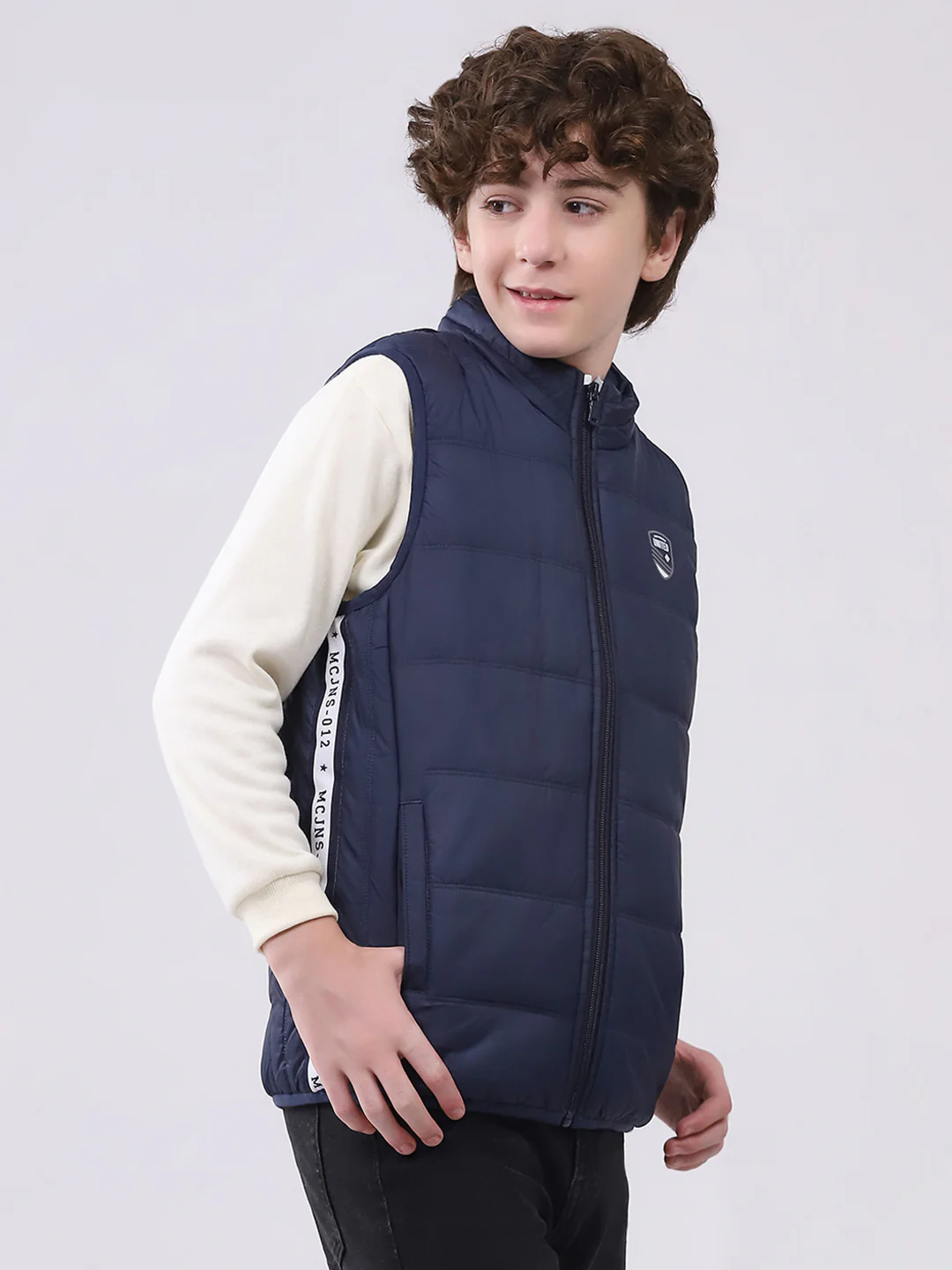 Boys Navy Blue Solid Mock Neck Sleeveless Boys Jacket - Image 4