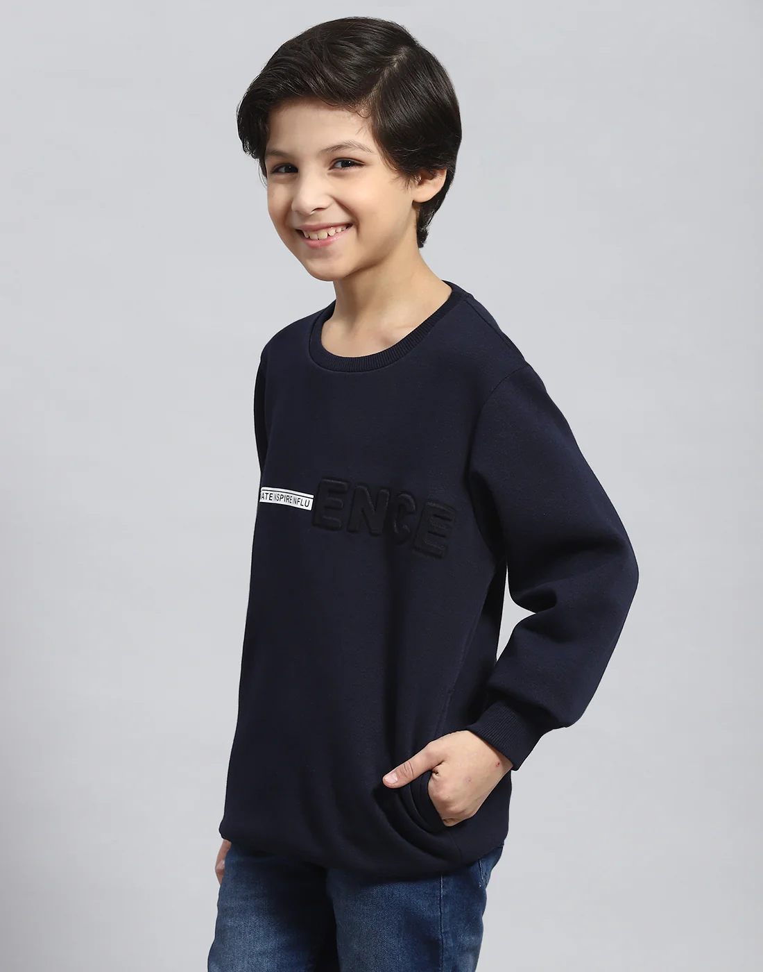 Boys Navy Blue Solid Round Neck Full Sleeve Sweatshirt - Image 3