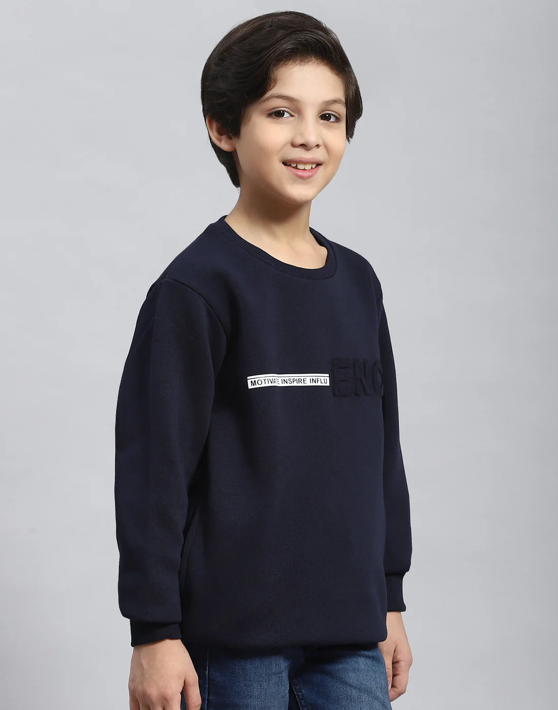 Boys Navy Blue Solid Round Neck Full Sleeve Sweatshirt - Image 4
