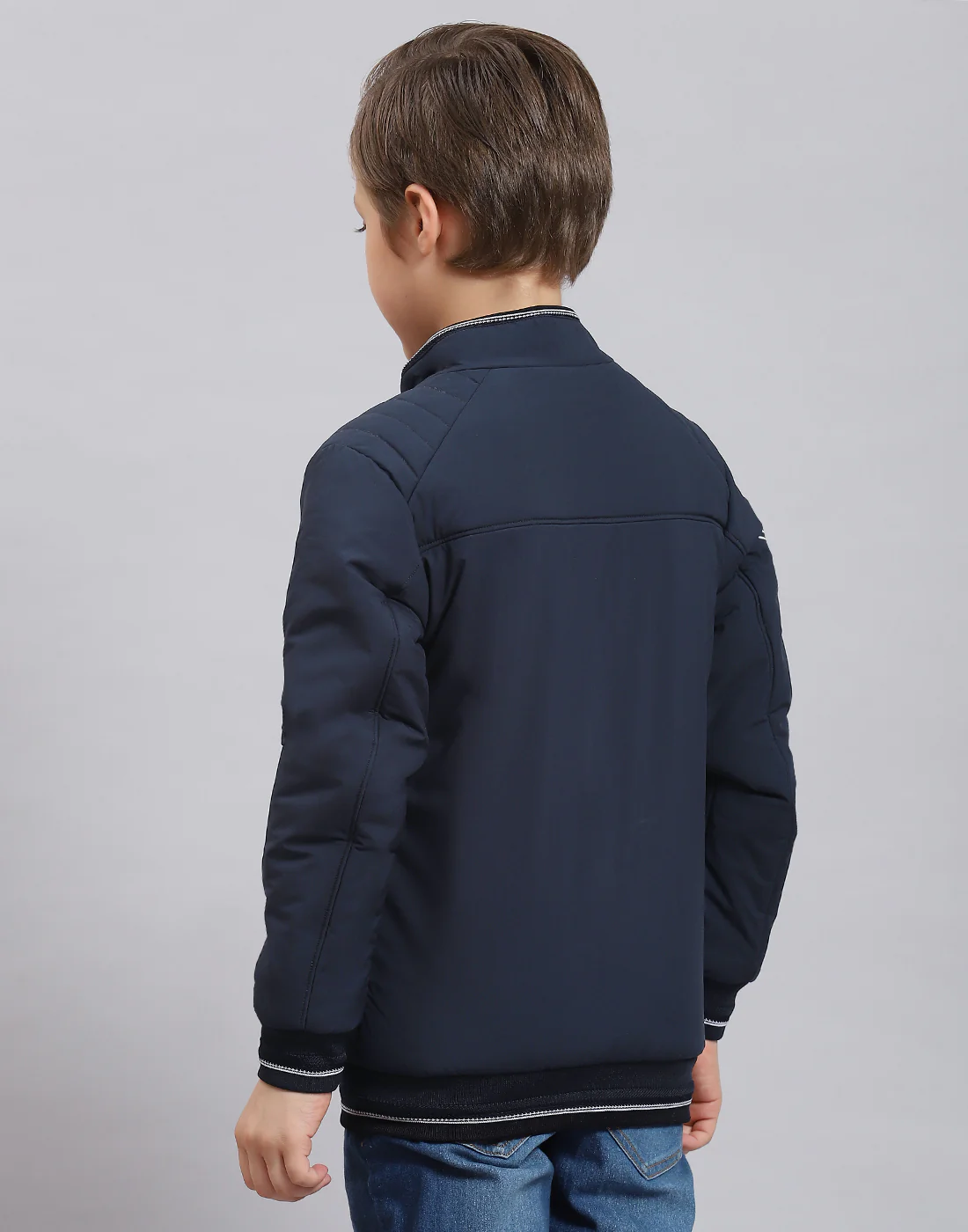 Boys Navy Blue Solid Stand Collar Full Sleeve Boys Jacket - Image 6