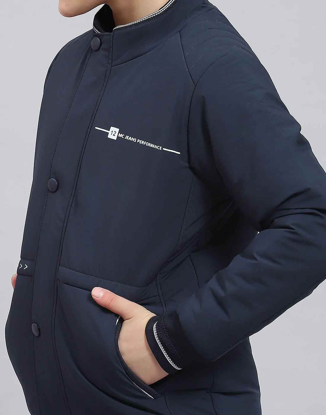 Boys Navy Blue Solid Stand Collar Full Sleeve Boys Jacket - Image 7