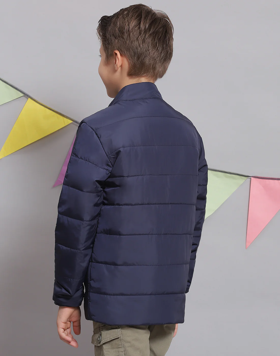 Boys Navy Blue Solid Stand Collar Full Sleeve Boys Jacket - Image 5