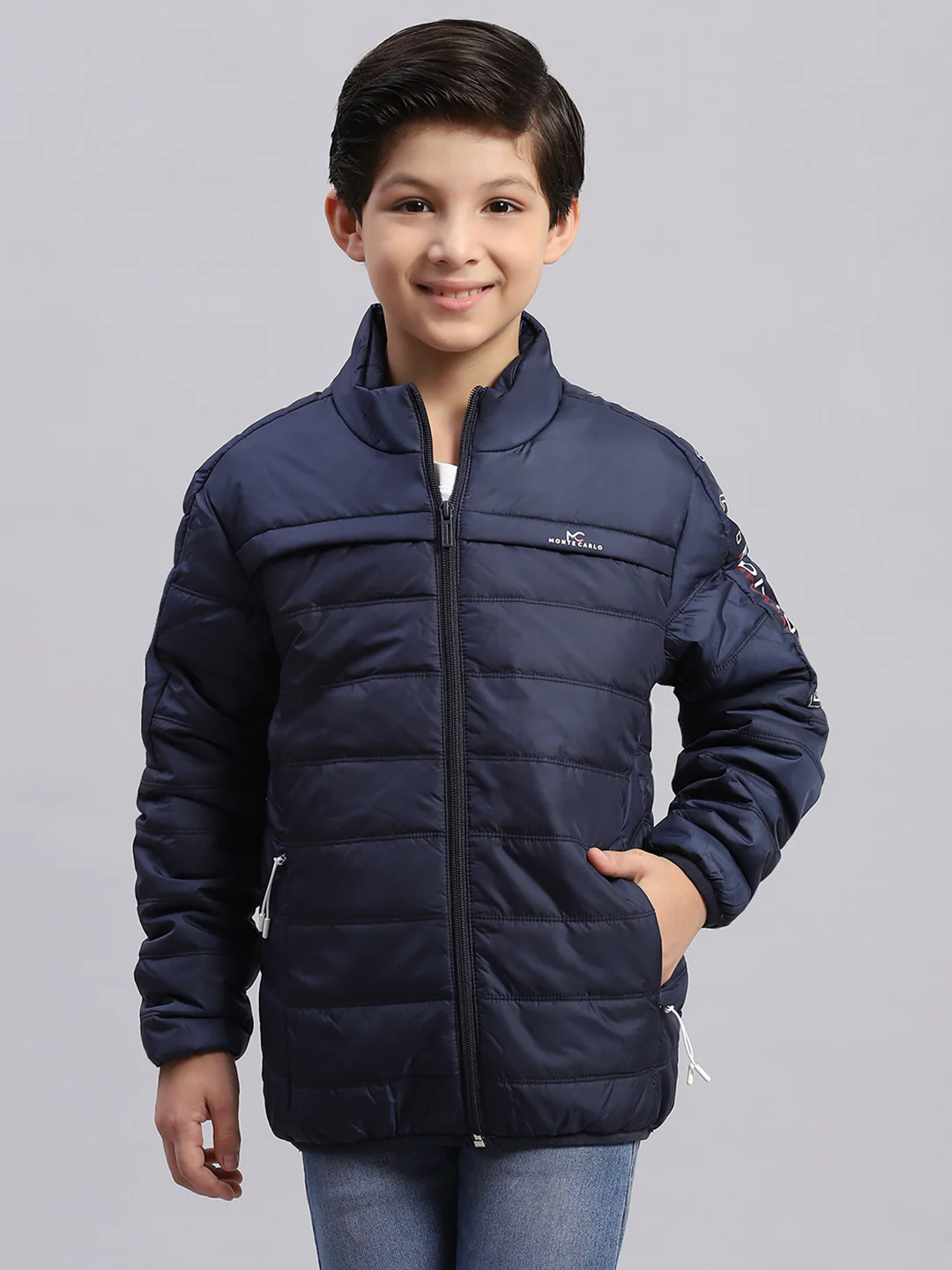 Boys Navy Blue Solid Stand Collar Full Sleeve Boys Jacket - Image 2
