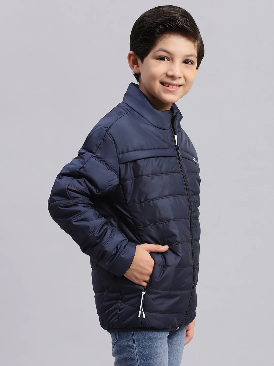 Boys Navy Blue Solid Stand Collar Full Sleeve Boys Jacket - Image 4