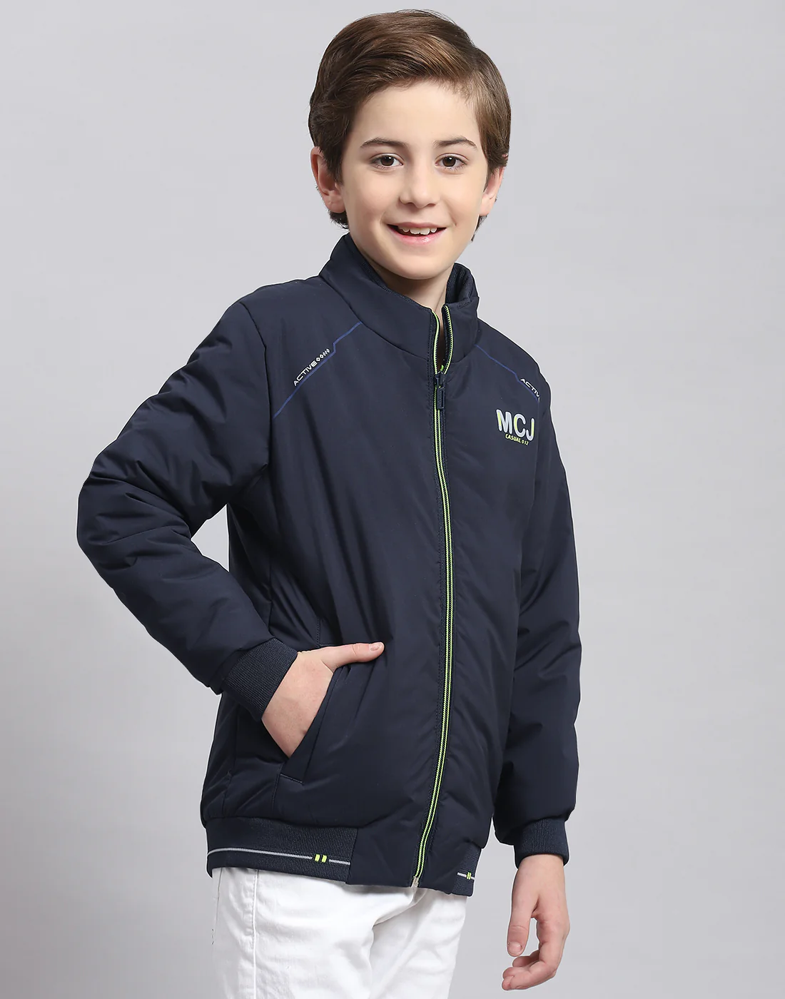 Boys Navy Blue Solid Stand Collar Full Sleeve Boys Jacket - Image 4