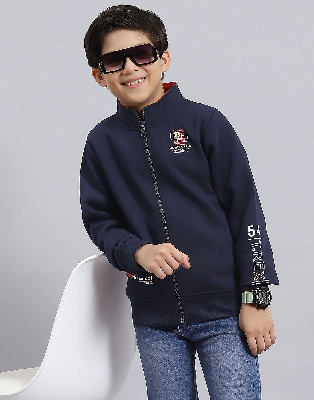 Boys Navy Blue Solid Stand Collar Full Sleeve Sweatshirt - Image 2