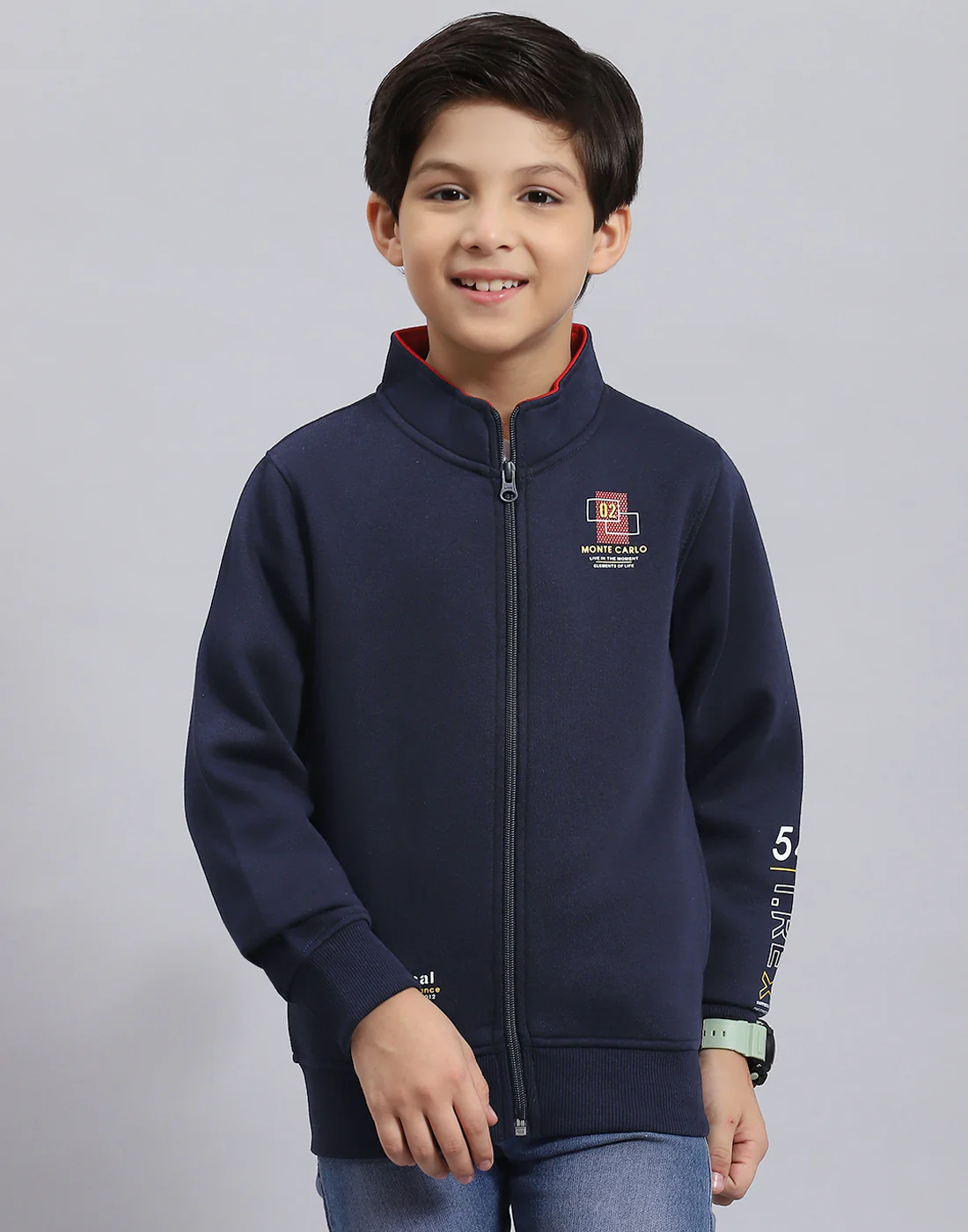 Boys Navy Blue Solid Stand Collar Full Sleeve Sweatshirt - Image 3