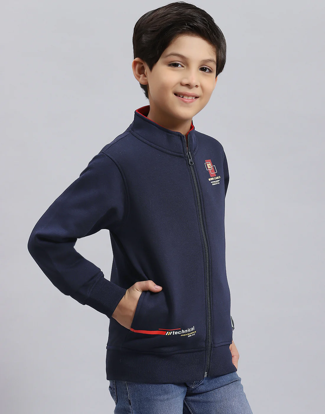 Boys Navy Blue Solid Stand Collar Full Sleeve Sweatshirt - Image 6