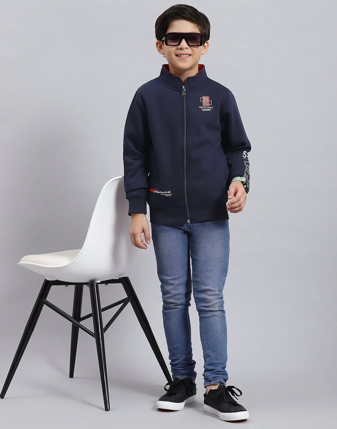 Boys Navy Blue Solid Stand Collar Full Sleeve Sweatshirt - Image 7