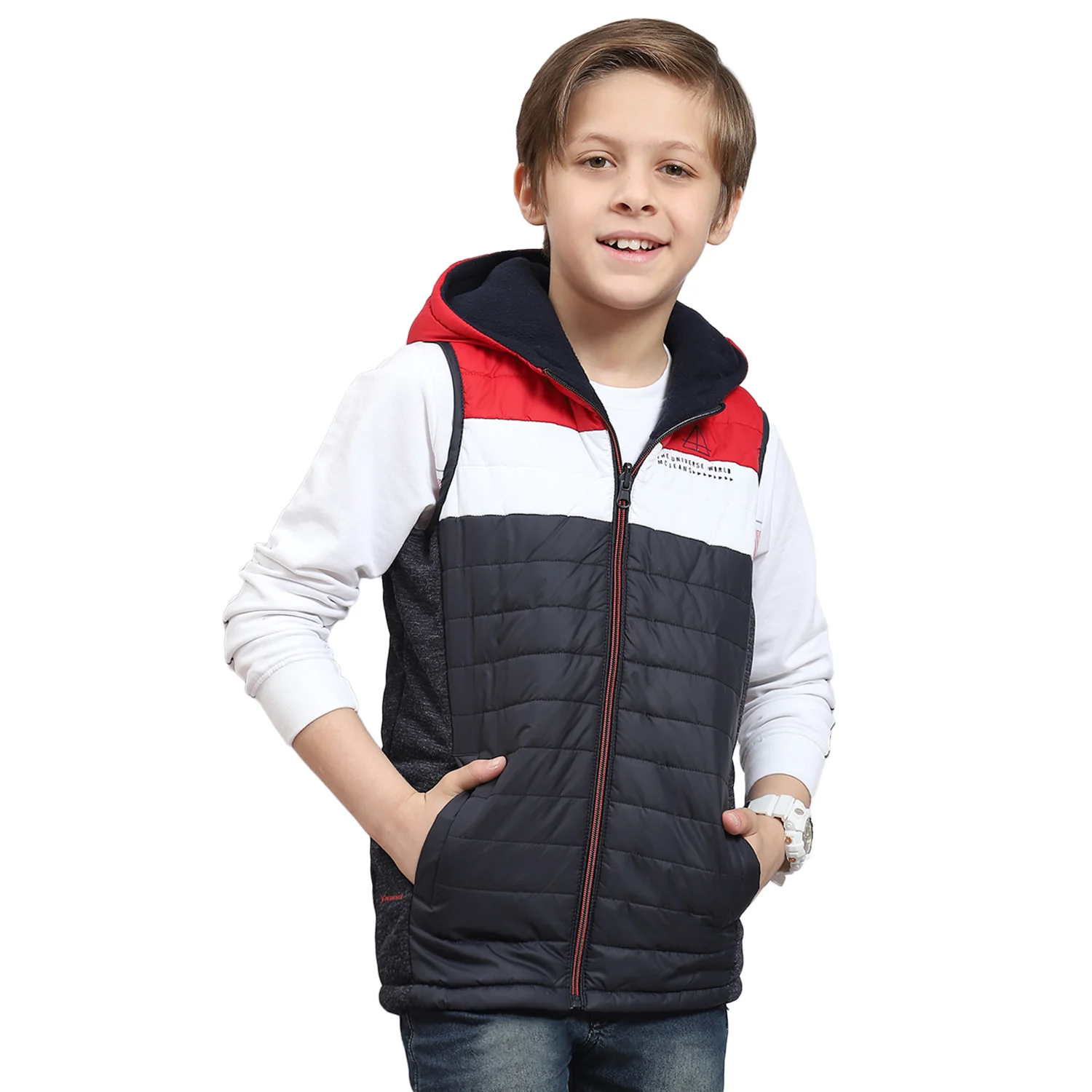 Boys Navy Blue Solid Stand Collar Sleeveless Boys Jacket - Image 5