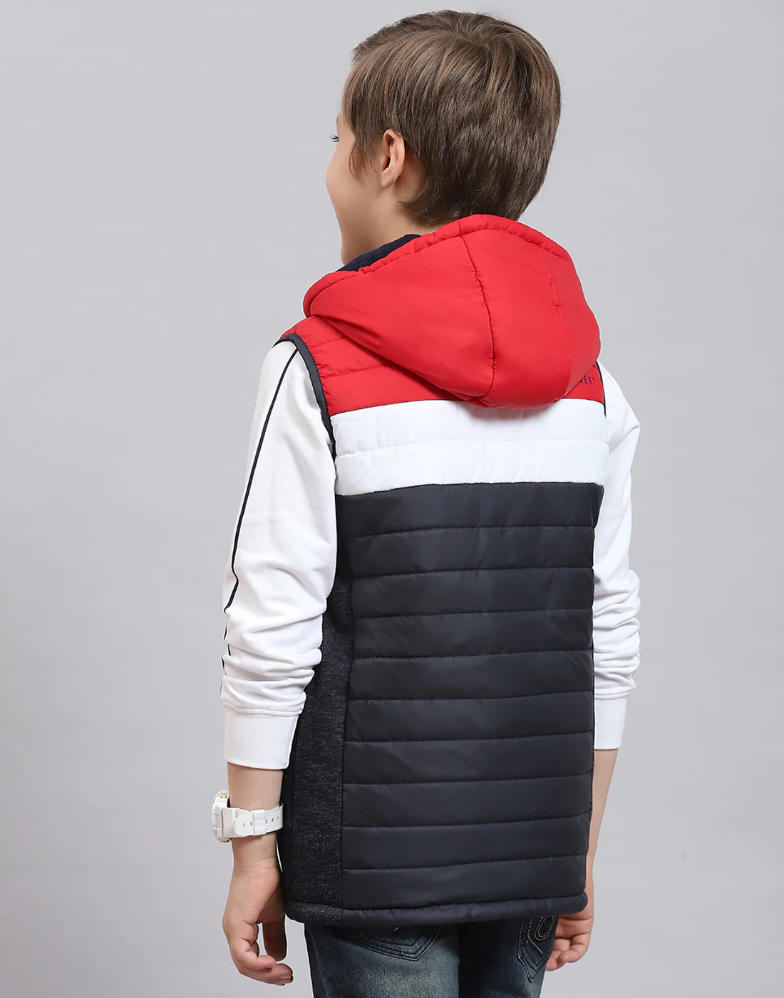 Boys Navy Blue Solid Stand Collar Sleeveless Boys Jacket - Image 6