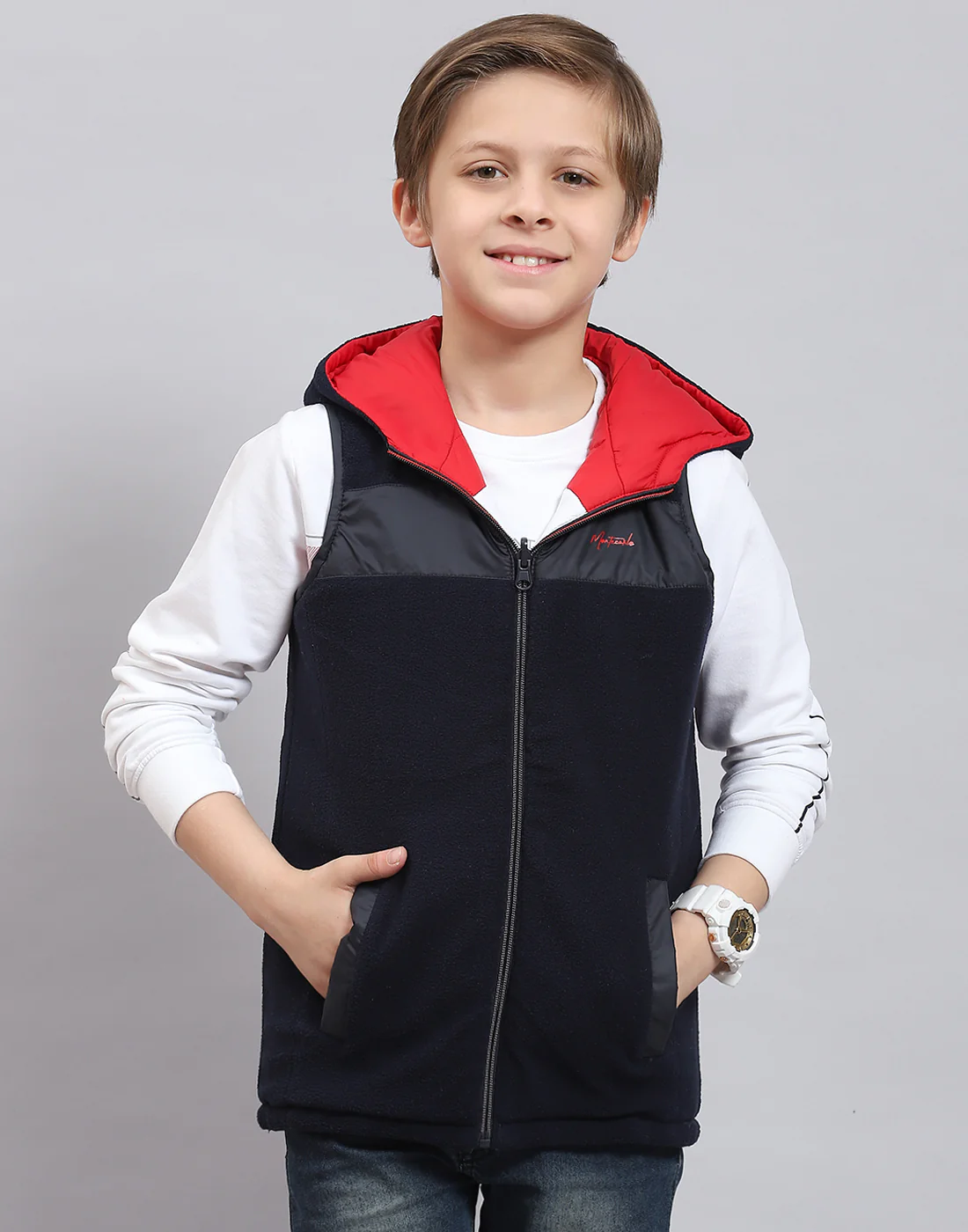 Boys Navy Blue Solid Stand Collar Sleeveless Boys Jacket - Image 7