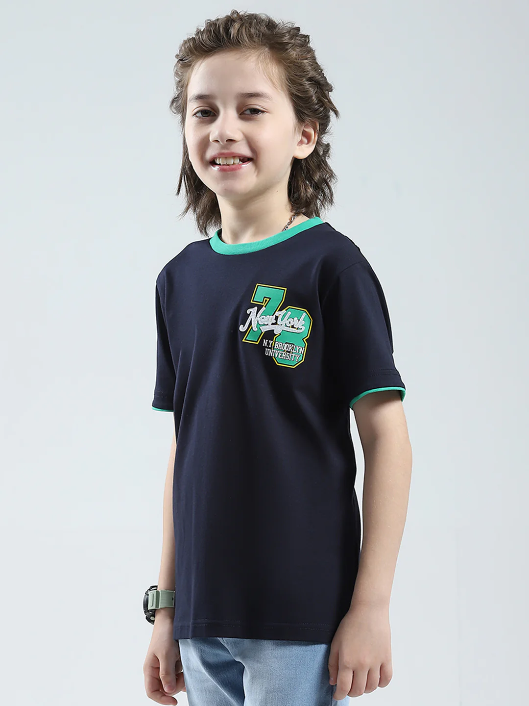 Boys Navy Blue Solid Round Neck Half Sleeve T-Shirt - Image 3