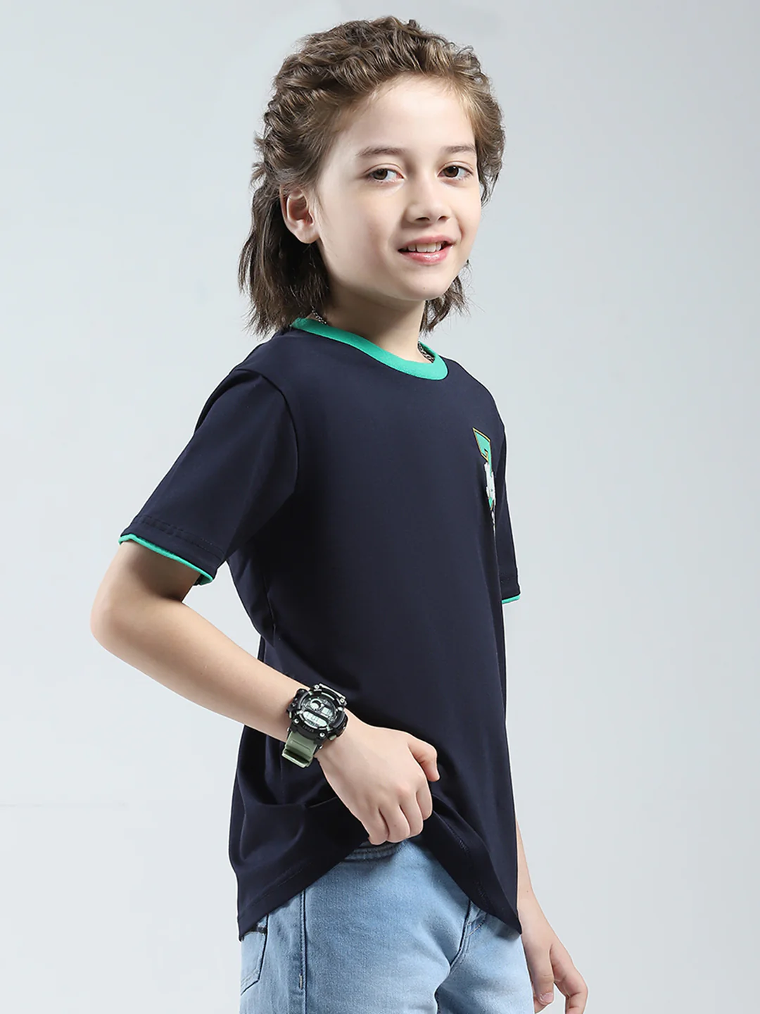 Boys Navy Blue Solid Round Neck Half Sleeve T-Shirt - Image 4