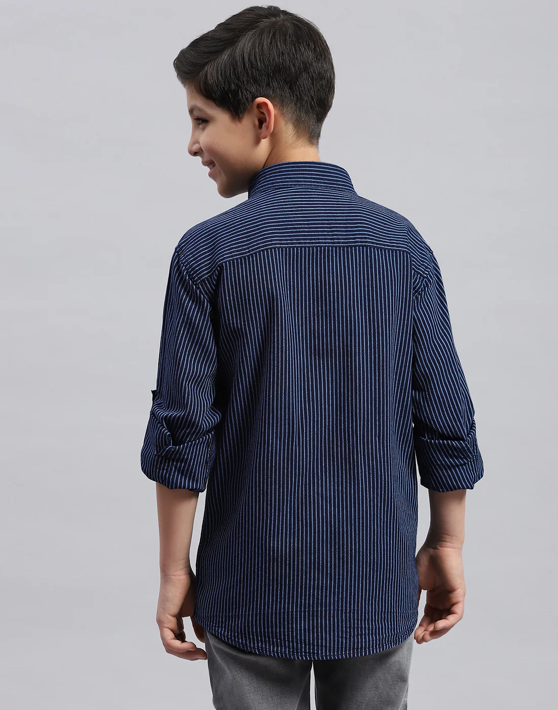 Boys Navy Blue Stripe Collar Full Sleeve Shirt - Image 5