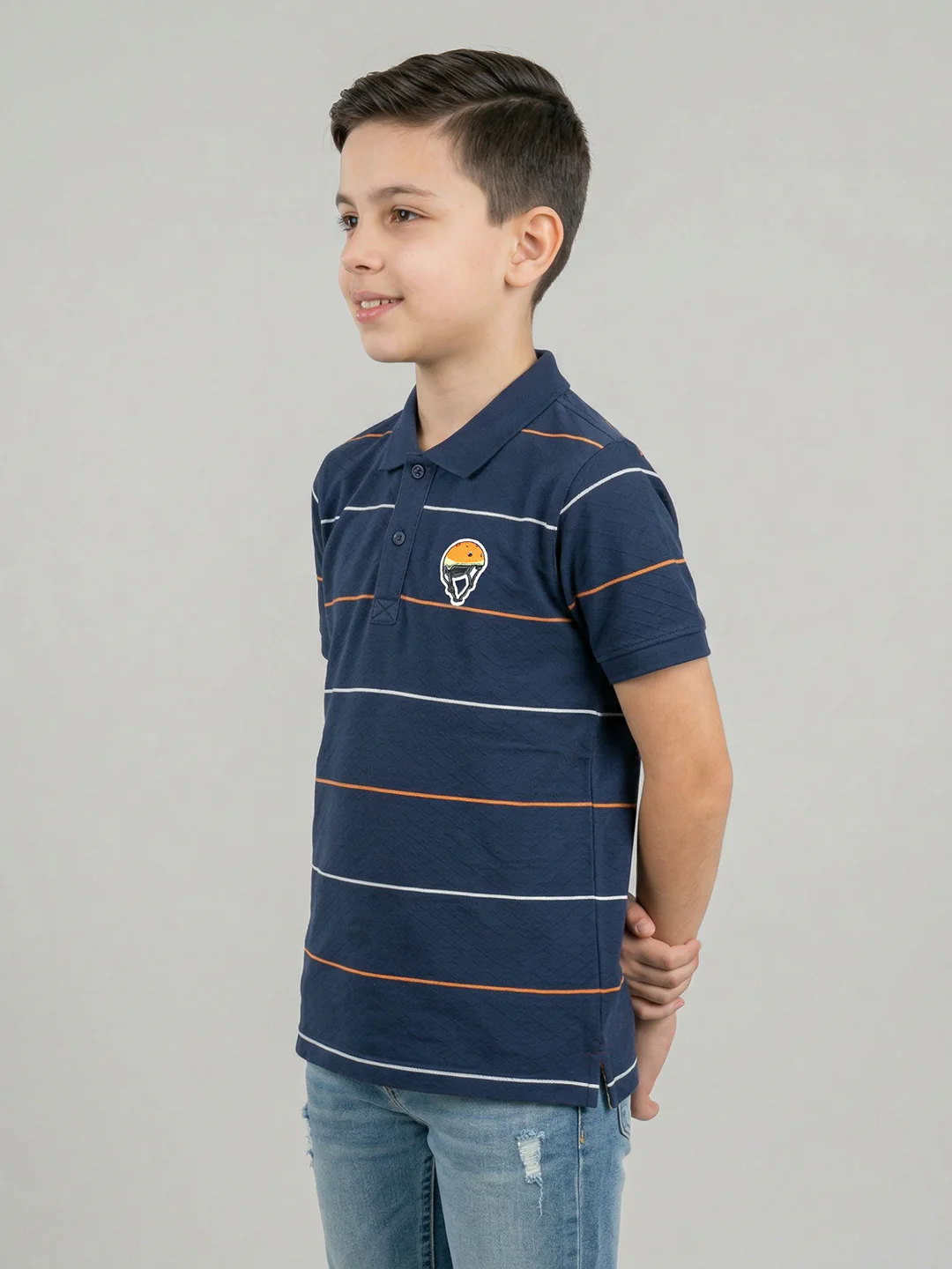 Boys Navy Blue Stripe Collar Half Sleeve T-Shirt - Image 3