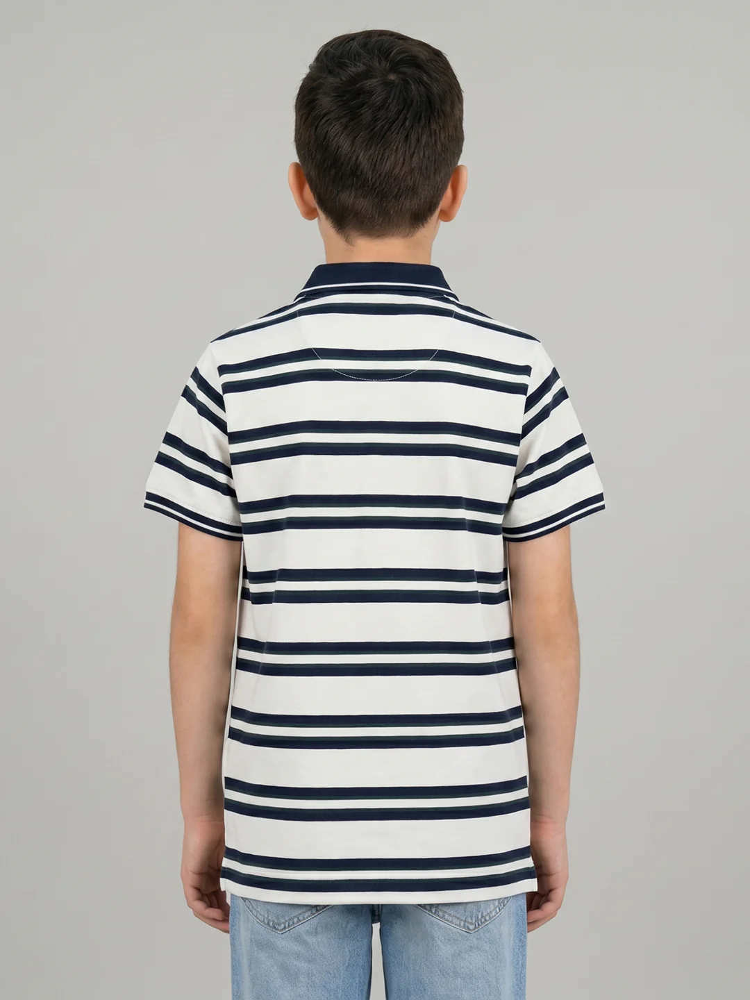 Boys Navy Blue Stripe Collar Half Sleeve T-Shirt - Image 3