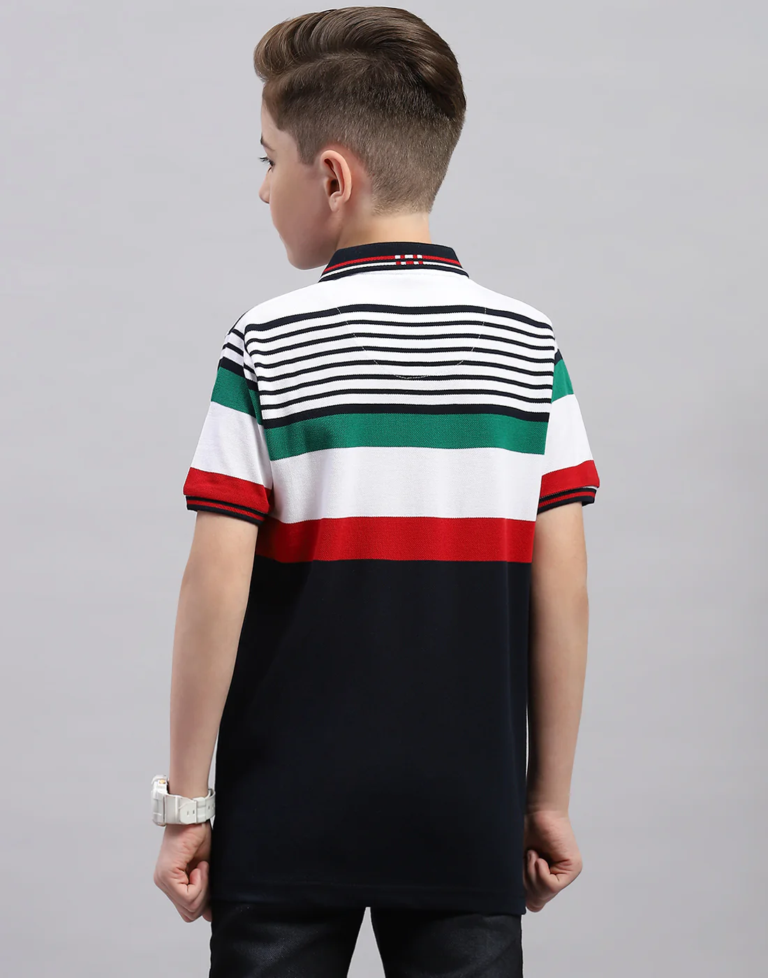 Boys Navy Blue Stripe Polo Collar Half Sleeve T-Shirt - Image 5