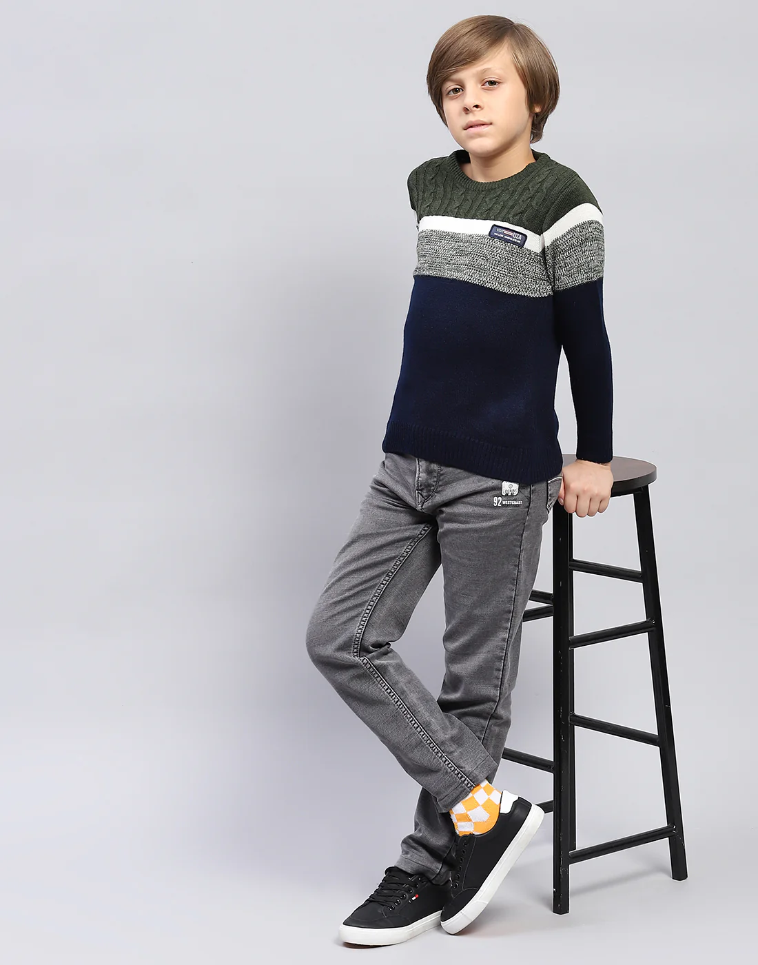 Boys Navy Blue Stripe Round Neck Full Sleeve Pullover - Image 2
