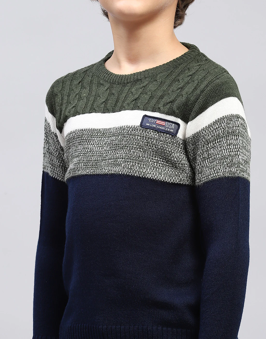 Boys Navy Blue Stripe Round Neck Full Sleeve Pullover - Image 6