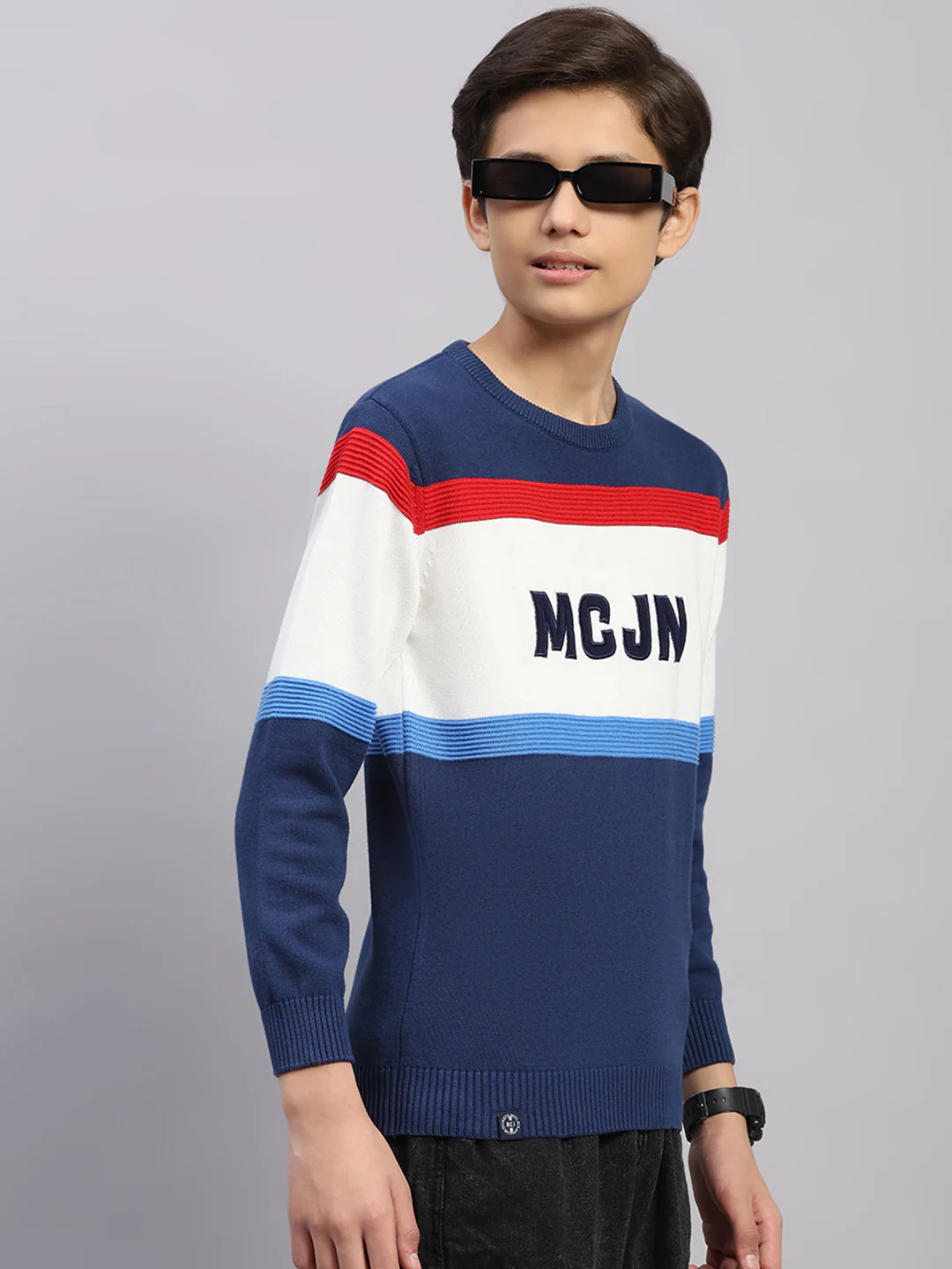 Boys Navy Blue Stripe Round Neck Full Sleeve Pullover - Image 4