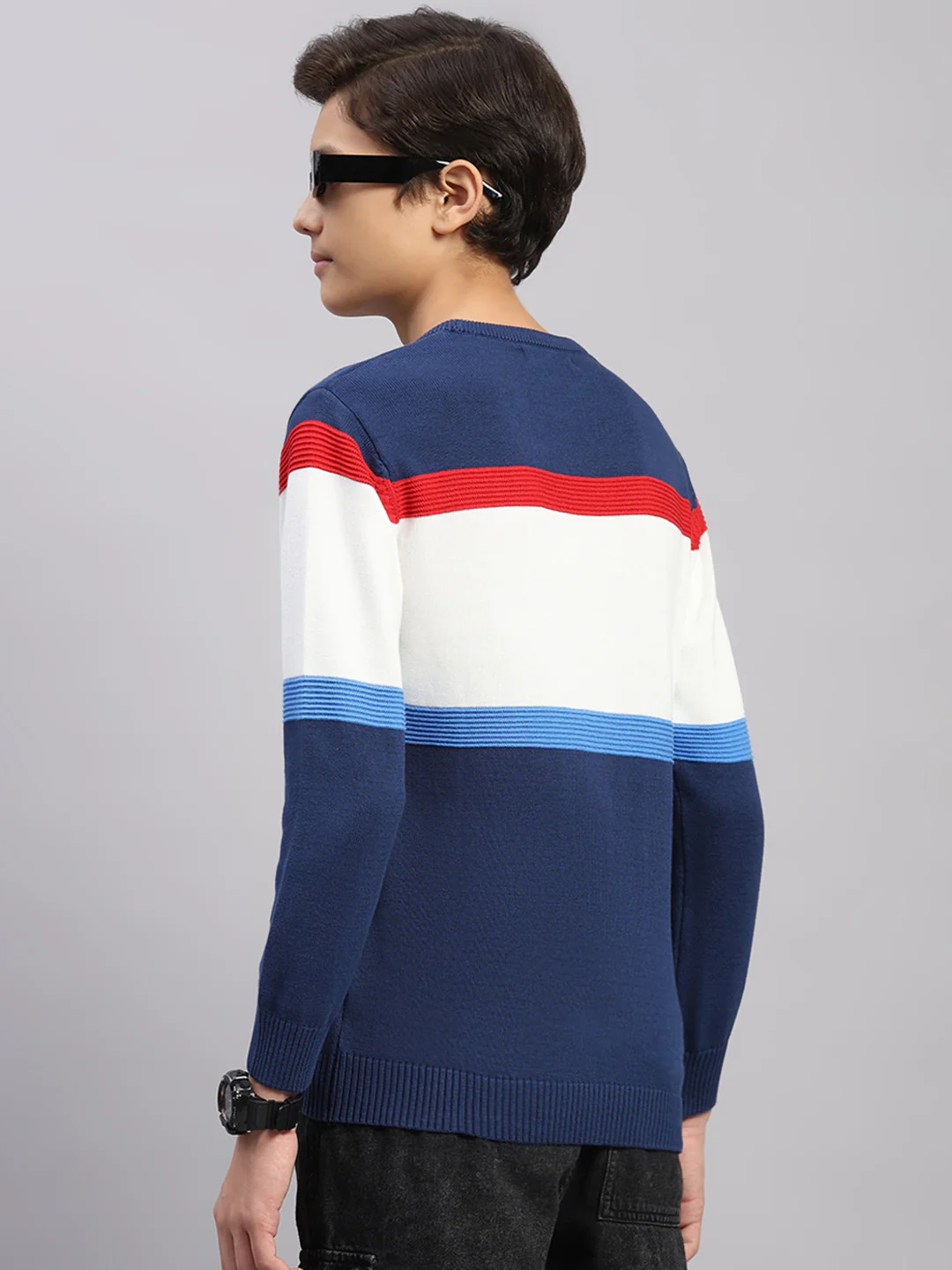 Boys Navy Blue Stripe Round Neck Full Sleeve Pullover - Image 5