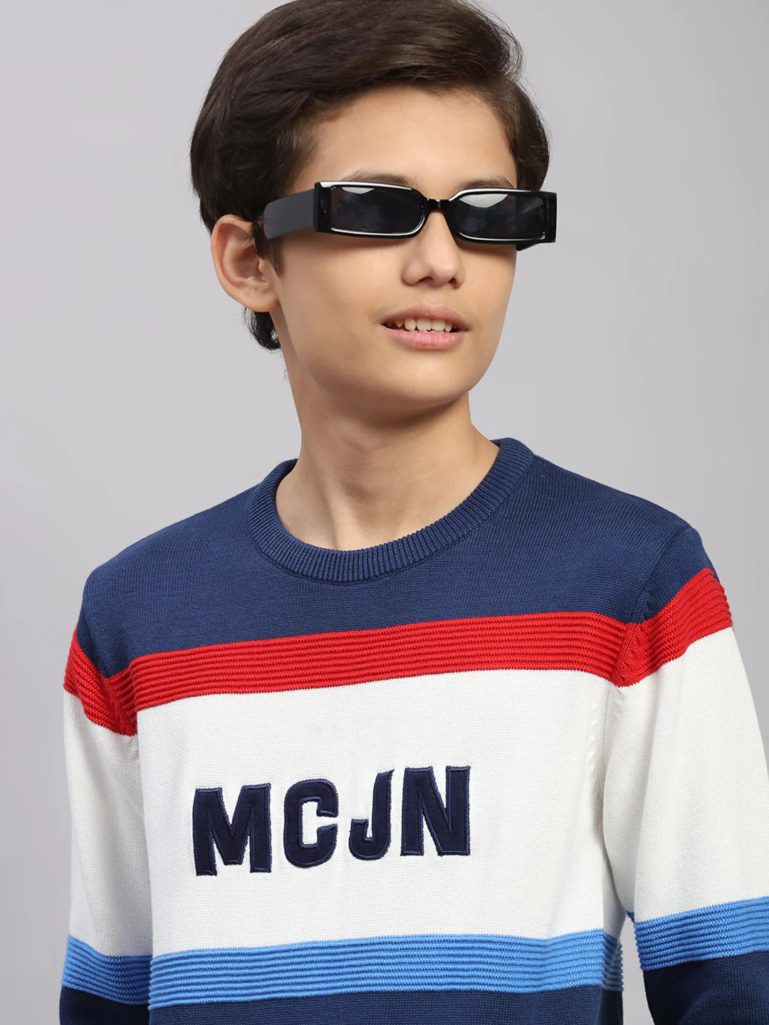 Boys Navy Blue Stripe Round Neck Full Sleeve Pullover - Image 6