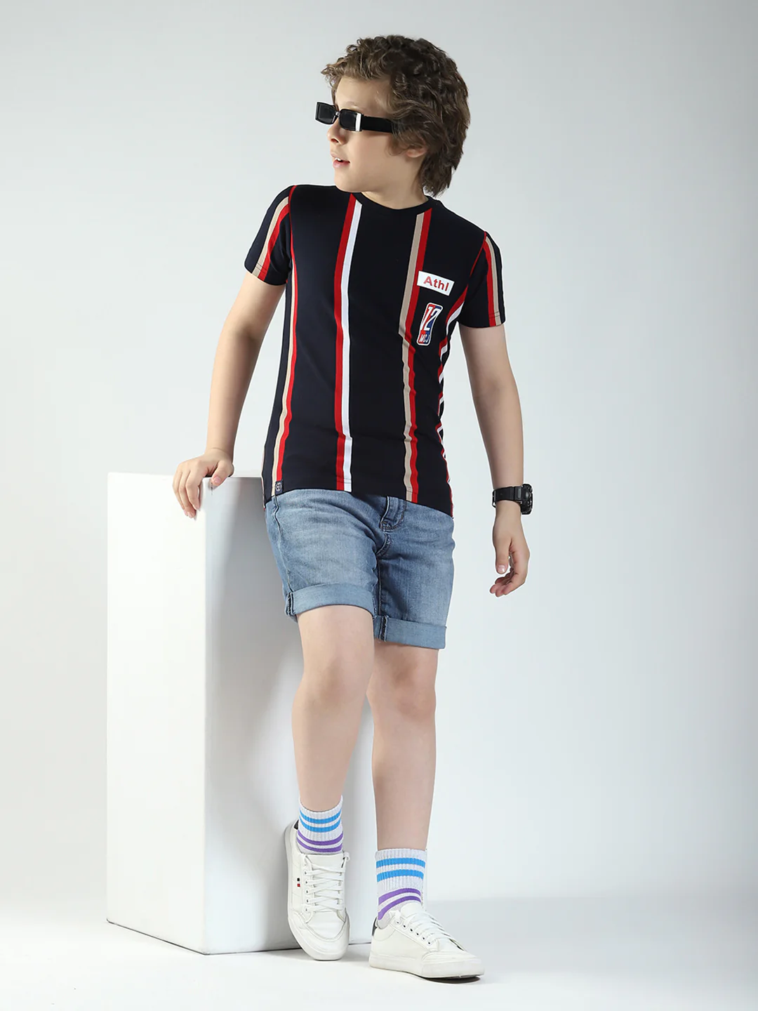 Boys Navy Blue Stripe Round Neck Half Sleeve T-Shirt - Image 2
