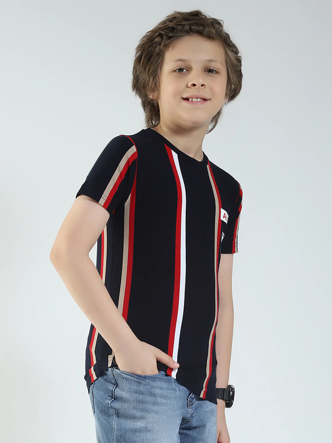 Boys Navy Blue Stripe Round Neck Half Sleeve T-Shirt - Image 4