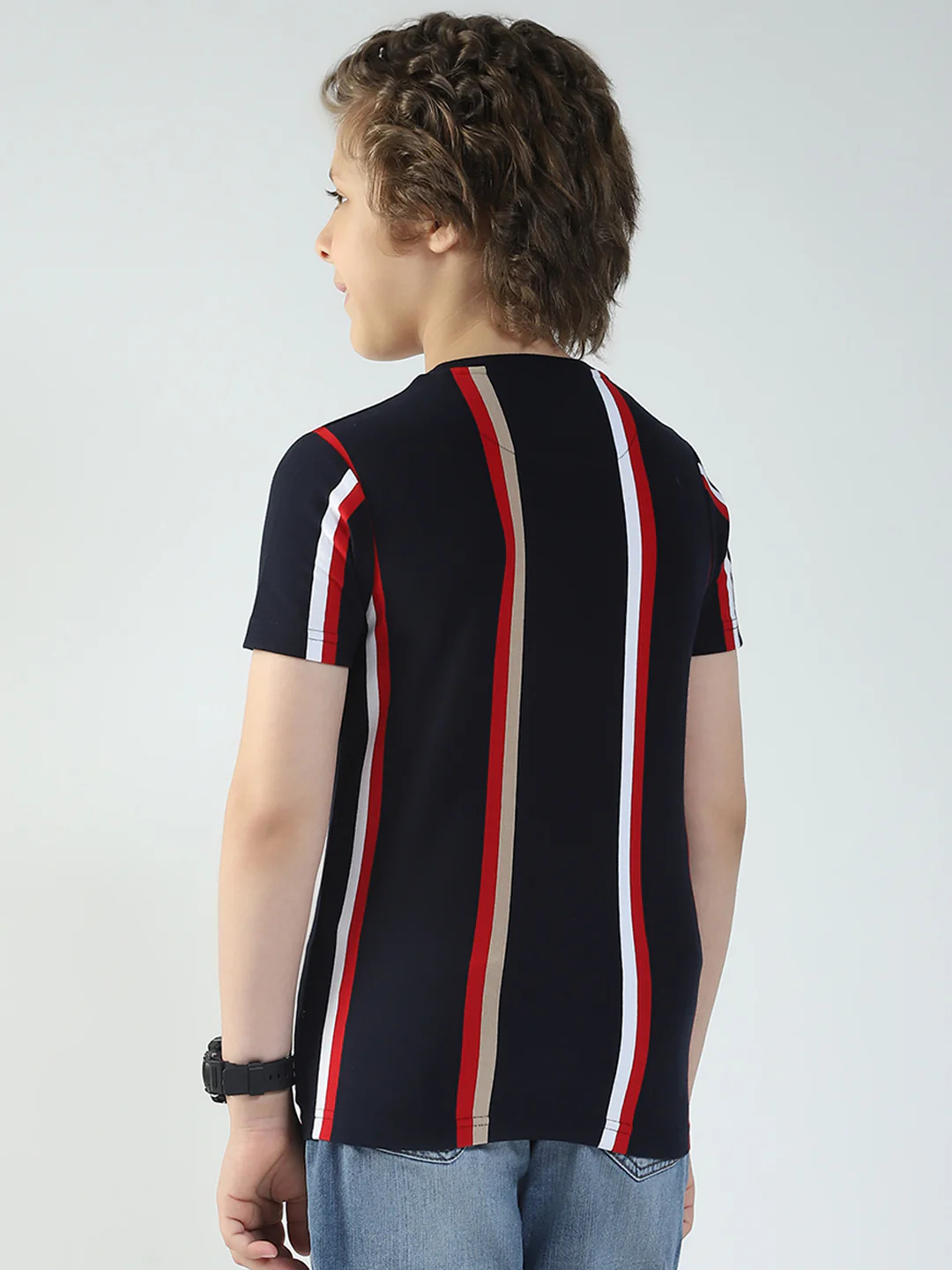 Boys Navy Blue Stripe Round Neck Half Sleeve T-Shirt - Image 5