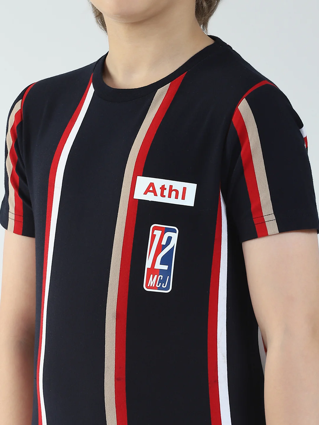 Boys Navy Blue Stripe Round Neck Half Sleeve T-Shirt - Image 7