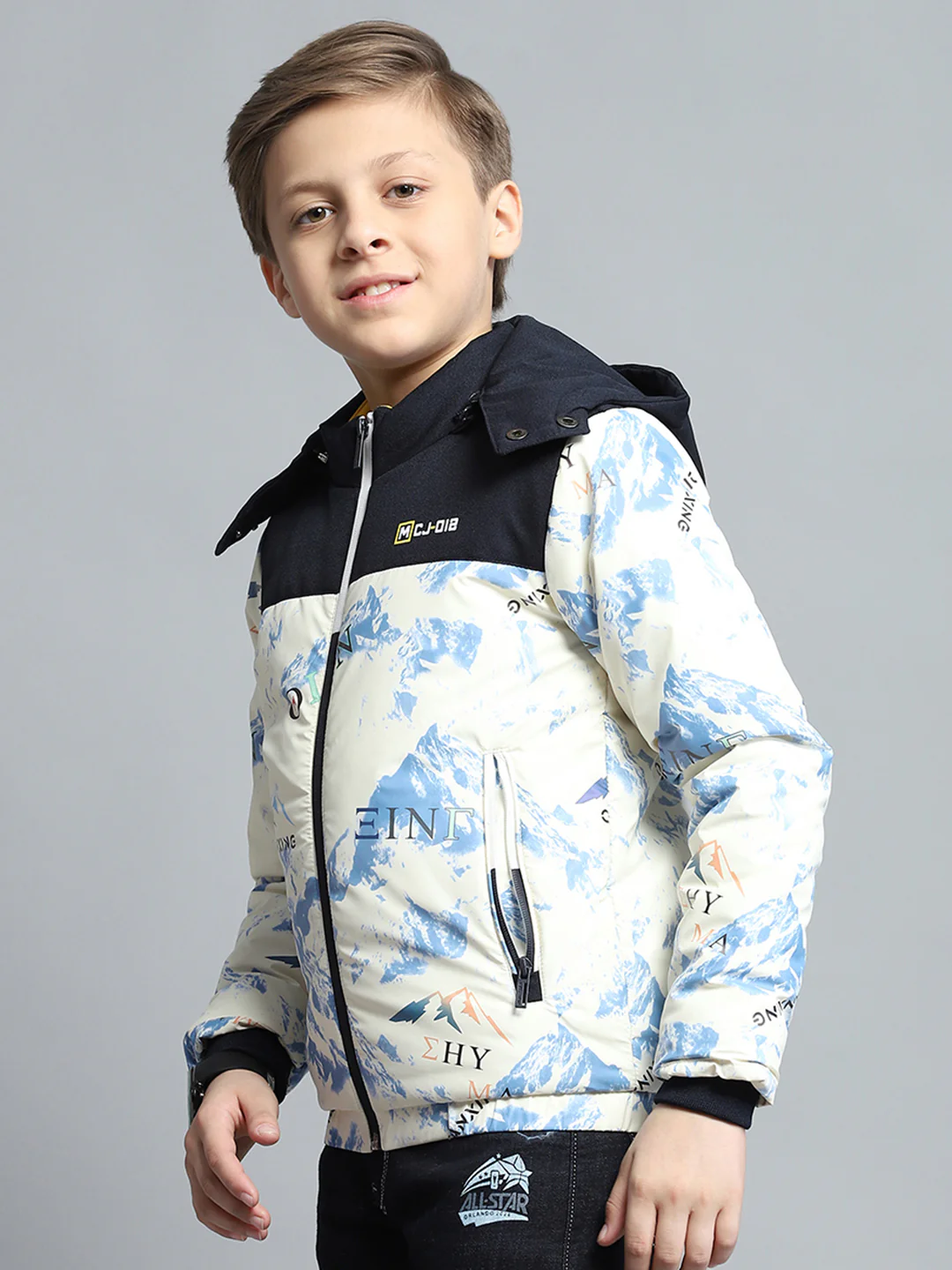 Boys Navy Blue & White Printed Detachable Hood Full Sleeve Jacket - Image 3