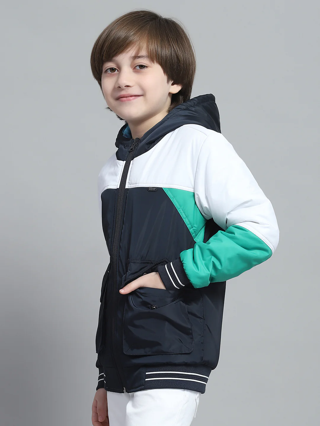 Boys Navy Blue & White Printed Hooded Full Sleeve Reversible Jacket - Image 3