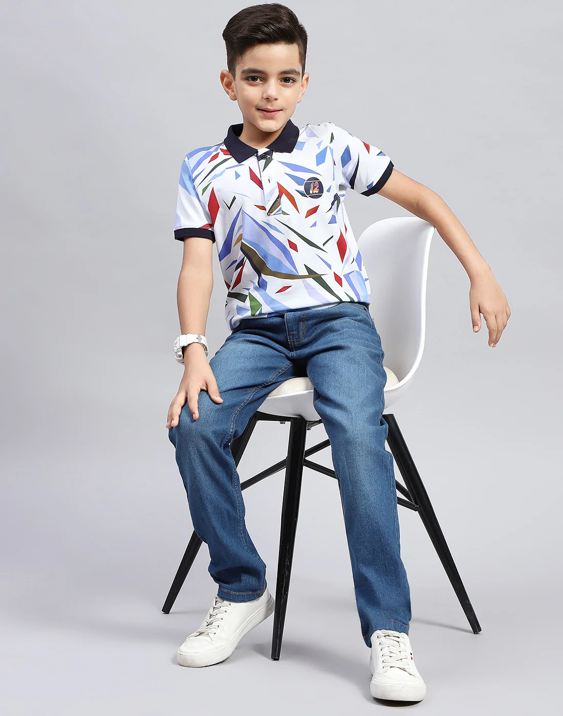 Boys Navy Blue & White Printed Polo Collar Half Sleeve T-Shirt - Image 2