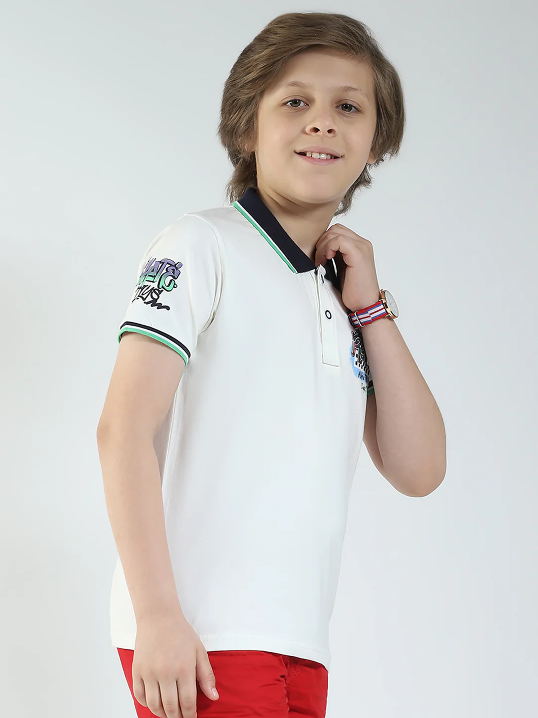 Boys Off White Printed Collar Half Sleeve T-Shirt - Image 4