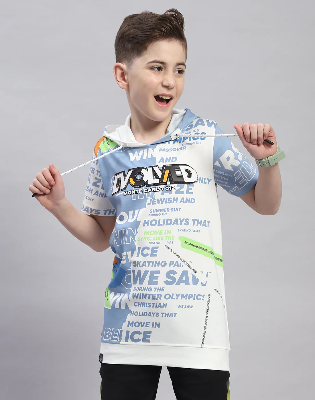 Boys Off White Printed Hooded Half Sleeve T-Shirt - Image 2