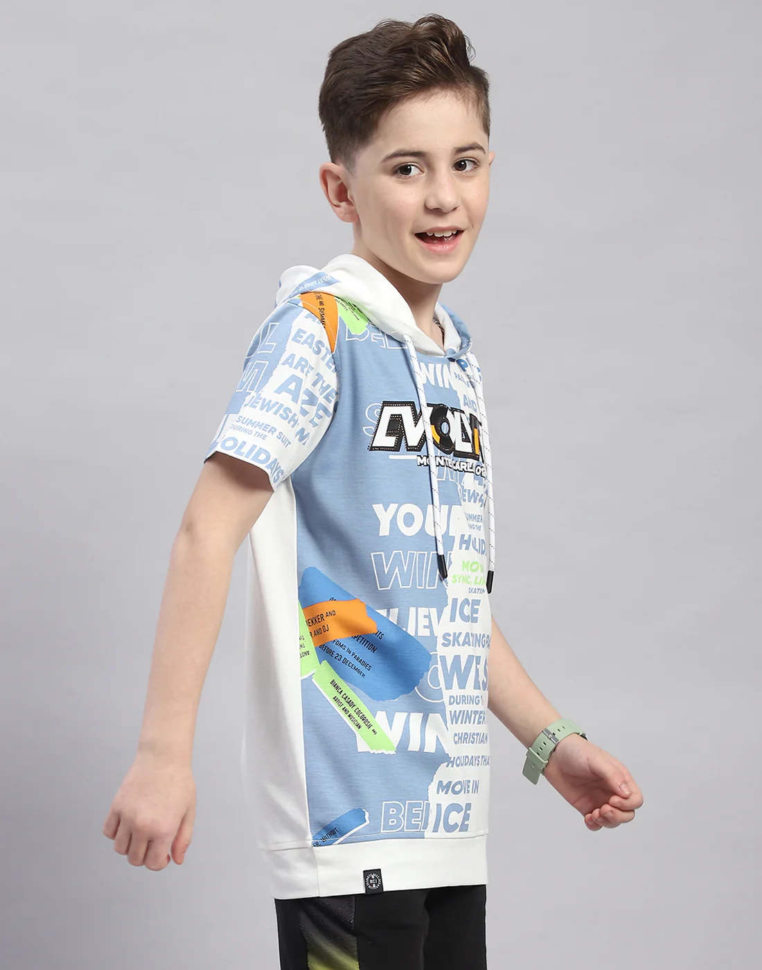 Boys Off White Printed Hooded Half Sleeve T-Shirt - Image 4