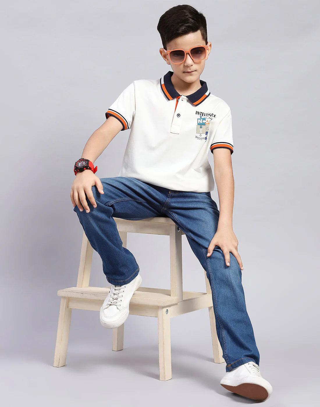 Boys Off White Printed Polo Collar Half Sleeve T-Shirt - Image 2