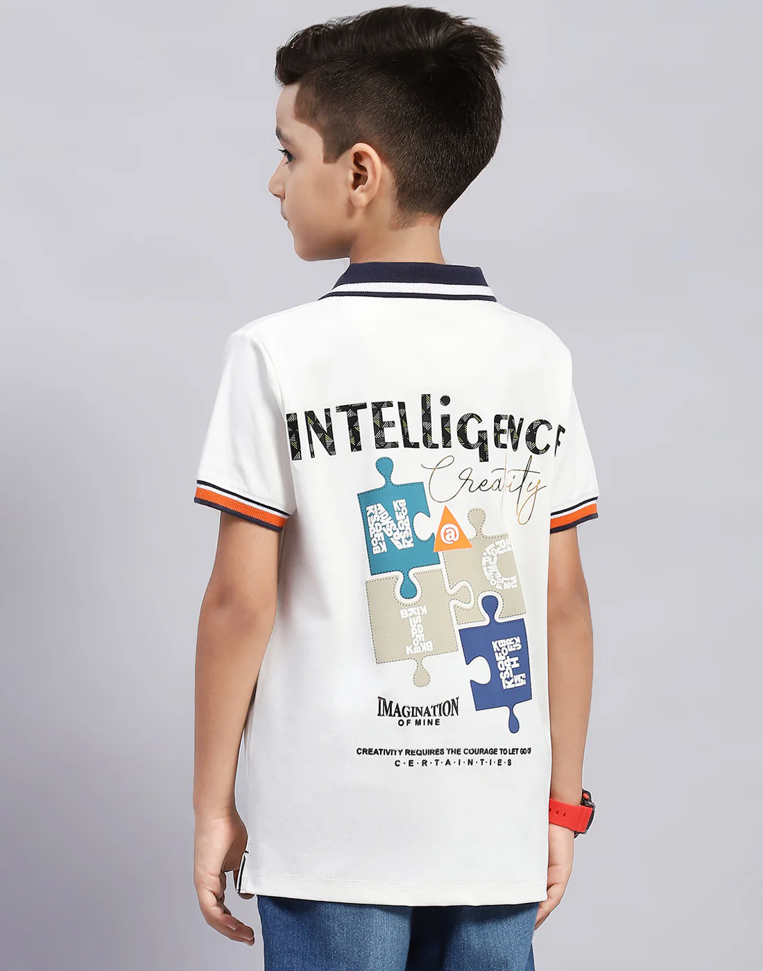Boys Off White Printed Polo Collar Half Sleeve T-Shirt - Image 3