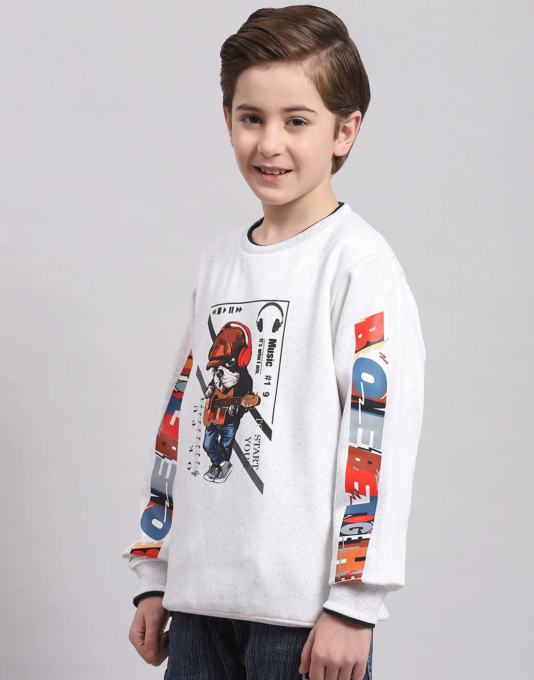 Boys Off White Printed Round Neck Full Sleeve Sweatshirt - Image 3