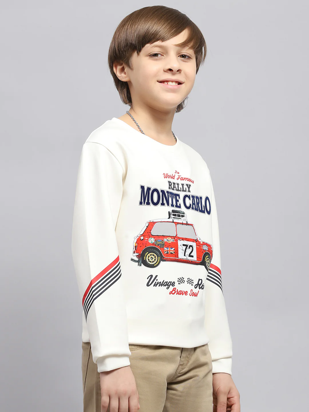 Boys Off White Printed Round Neck Full Sleeve Sweatshirt - Image 4