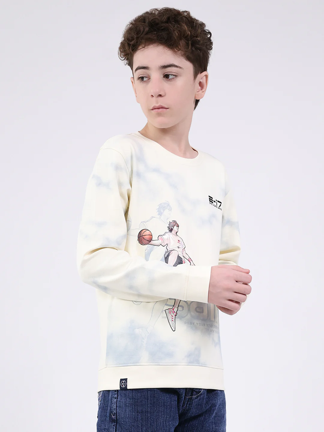 Boys Off White Printed Round Neck Full Sleeve Sweatshirt - Image 4