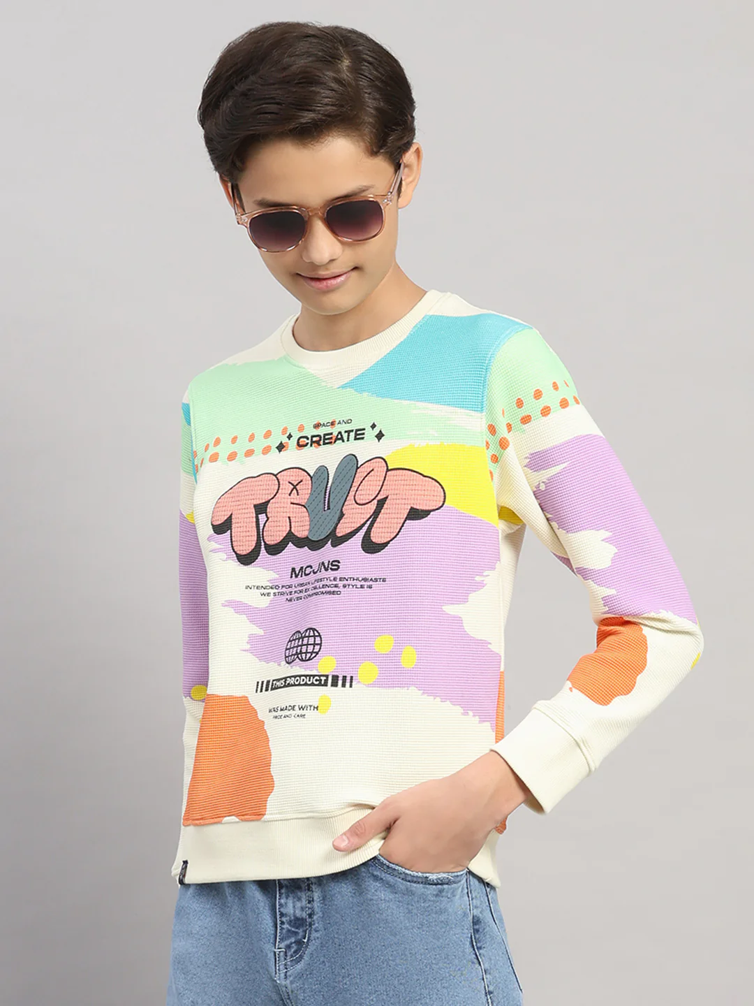 Boys Off White Printed Round Neck Full Sleeve Sweatshirt - Image 6