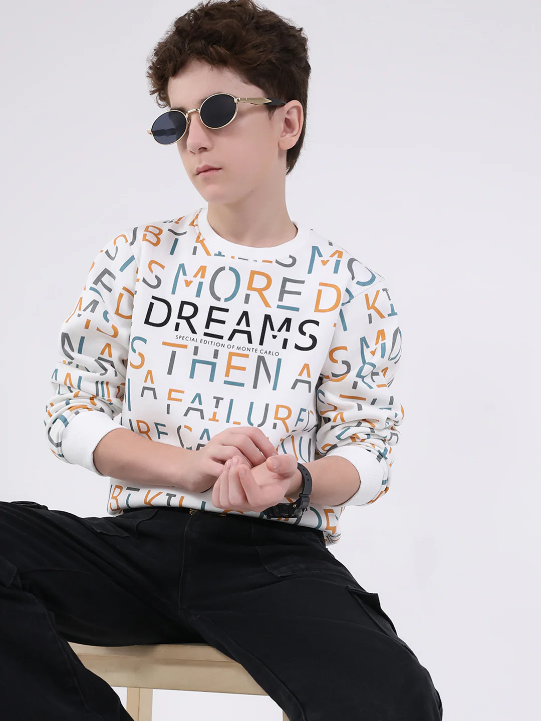 Boys Off White Printed Round Neck Full Sleeve Sweatshirt - Image 6